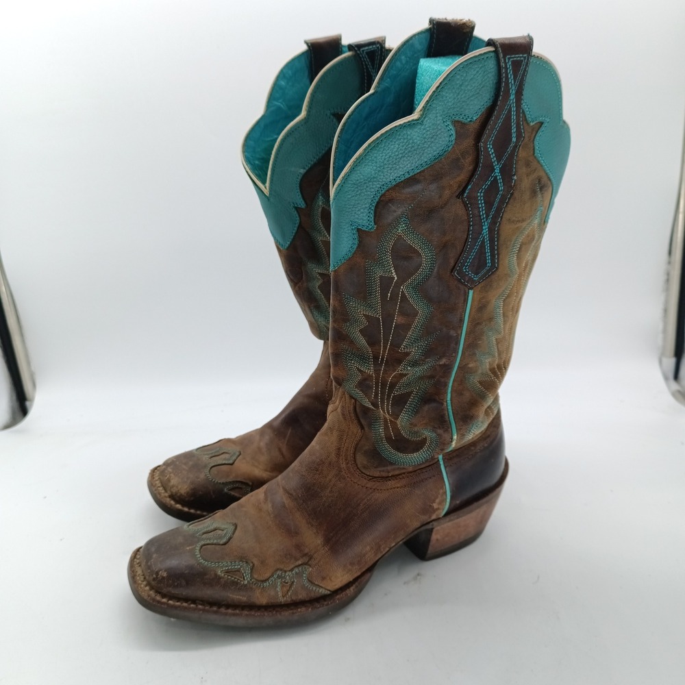 Ariat Quickdraw Brown Turquoise Leather Western Square Toe Boots   8.5B s3